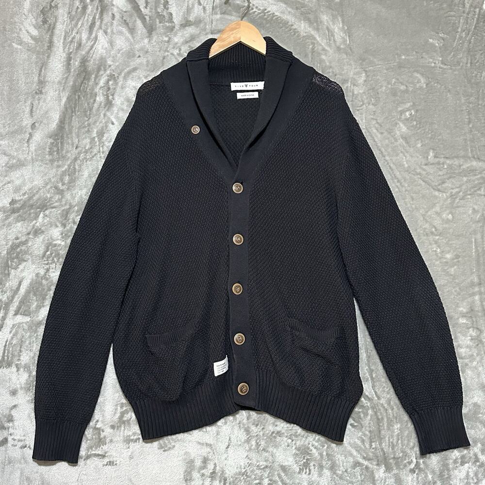 Five Four Mark McNairy Cardigan Sweater Mens Size L Black Chunky Knit Old Money